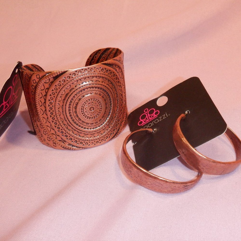 Copper Cuff Bracelet and Hoop Earring Set